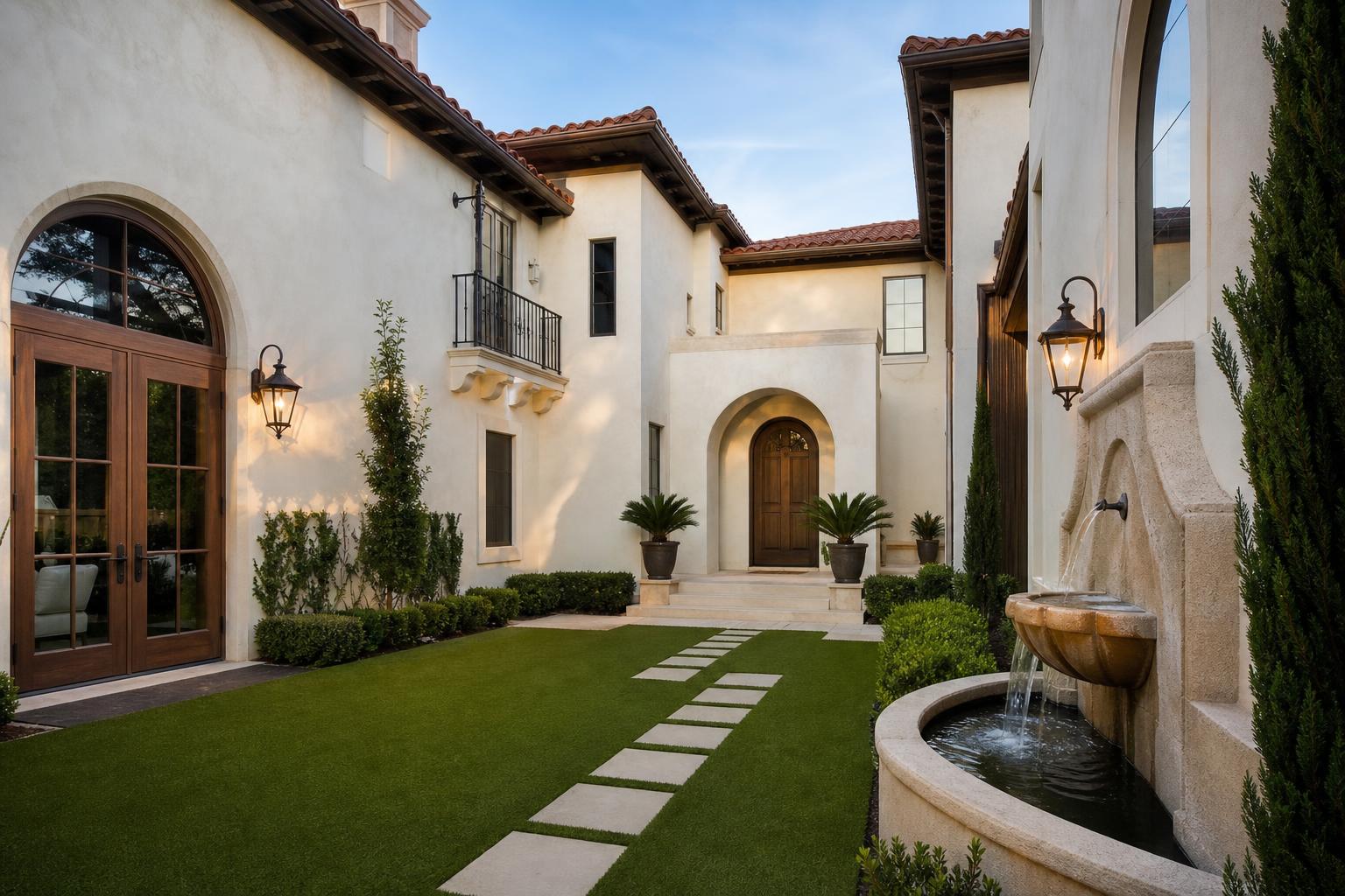 Adriatica Village Celina TX Mediterranean-style courtyard with artificial turf and stone pavers