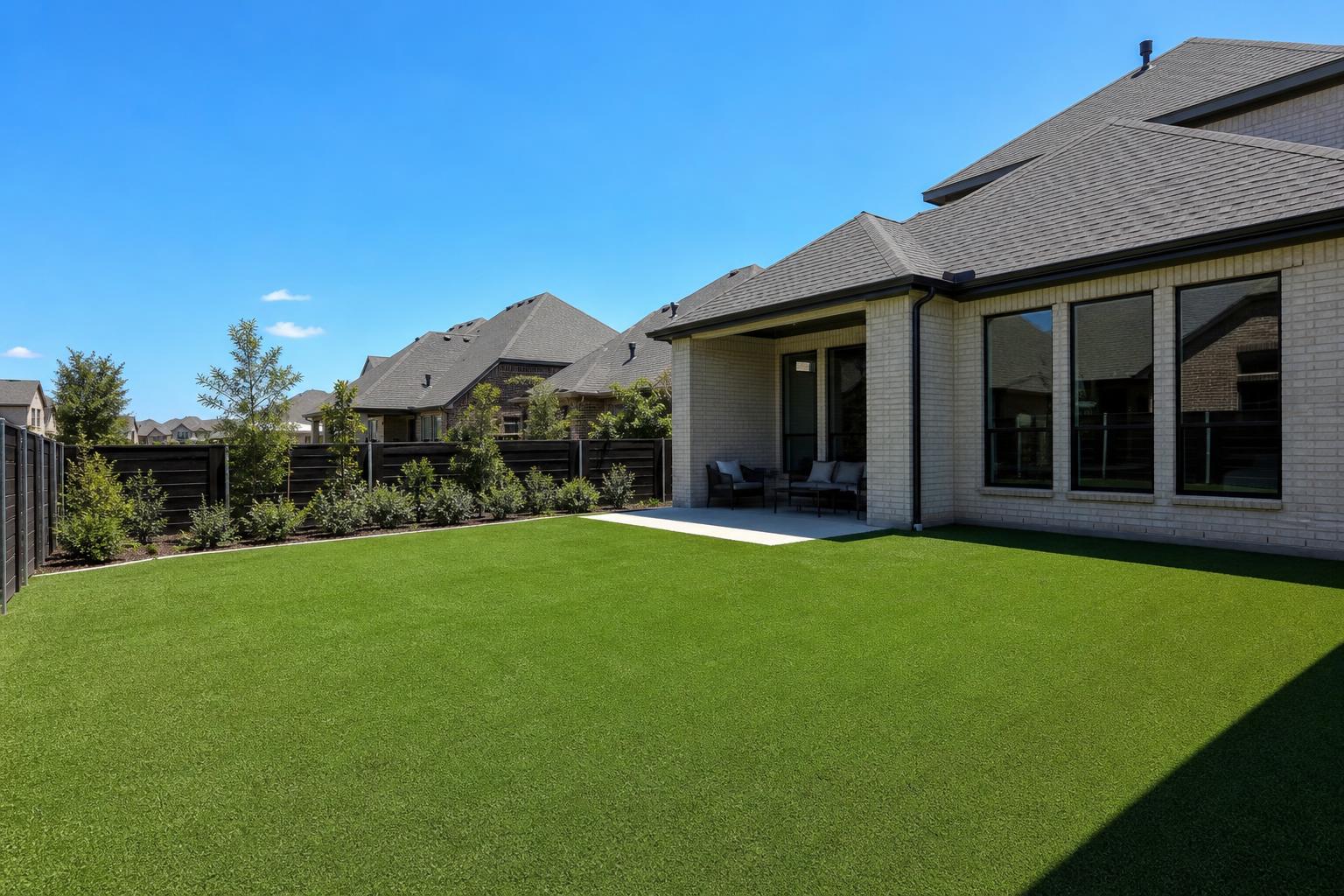 Trinity Falls Celina TX backyard with freshly installed artificial turf and modern fence