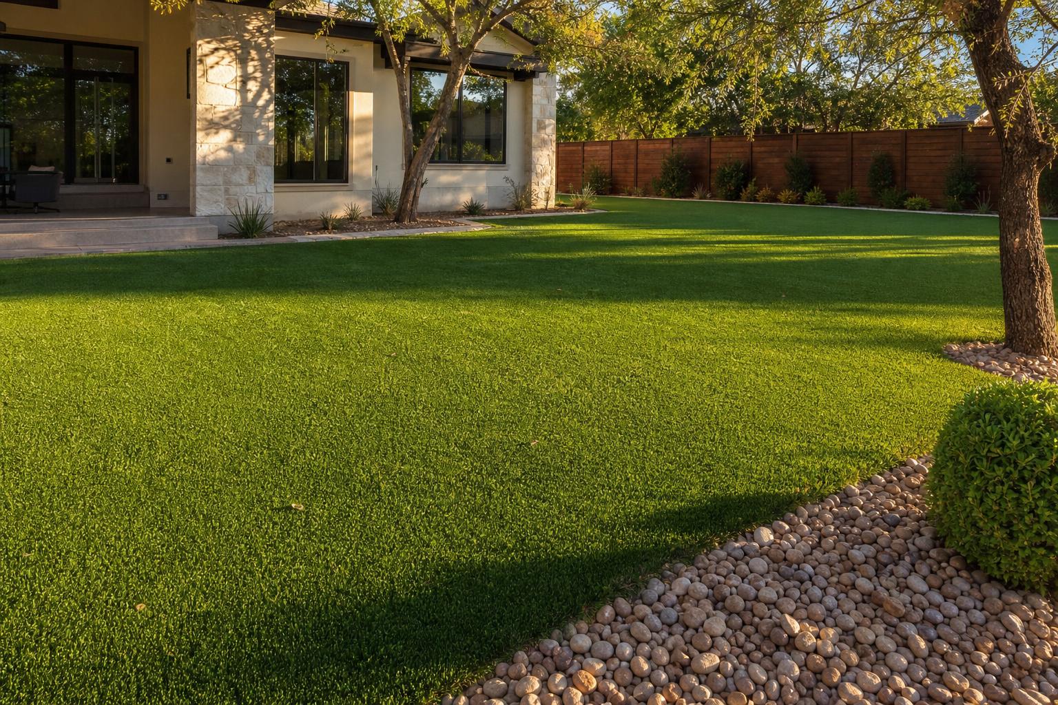 Mature artificial turf lawn in a Celina TX backyard, still vibrant after years of use
